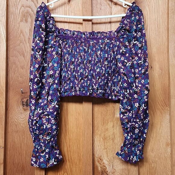 Band of the Free Floral Smocked Long Sleeve Crop Top Small Purple & Ivory - Picture 4 of 10